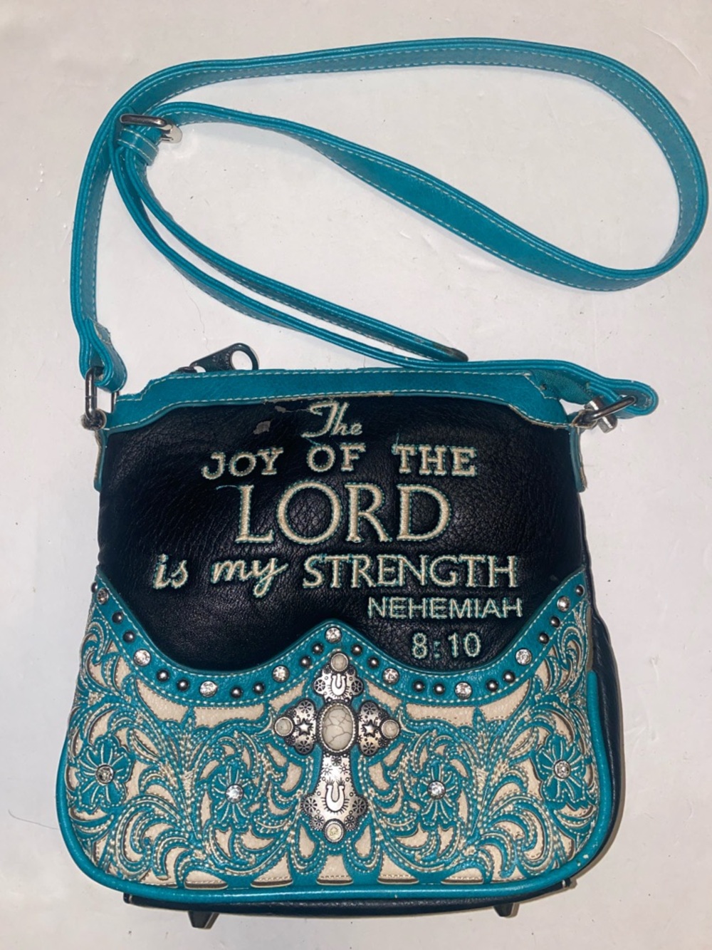 Montana West Turquoise and Black Inspirational Crossbody Bag with Bible verse